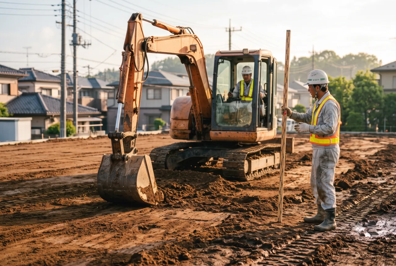 土地造成工事の現場（整地と丁張り確認）