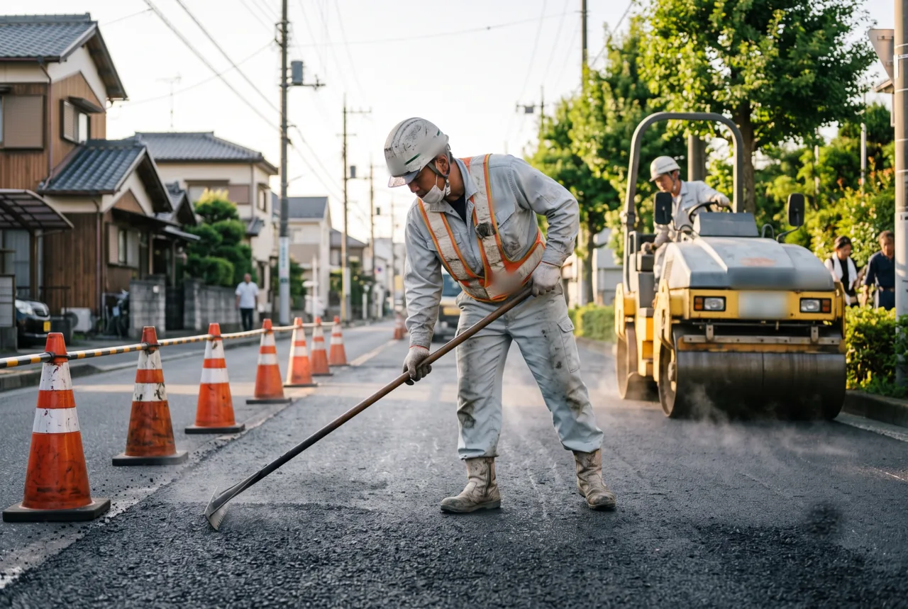 アスファルト舗装工事の現場（敷きならしと転圧）