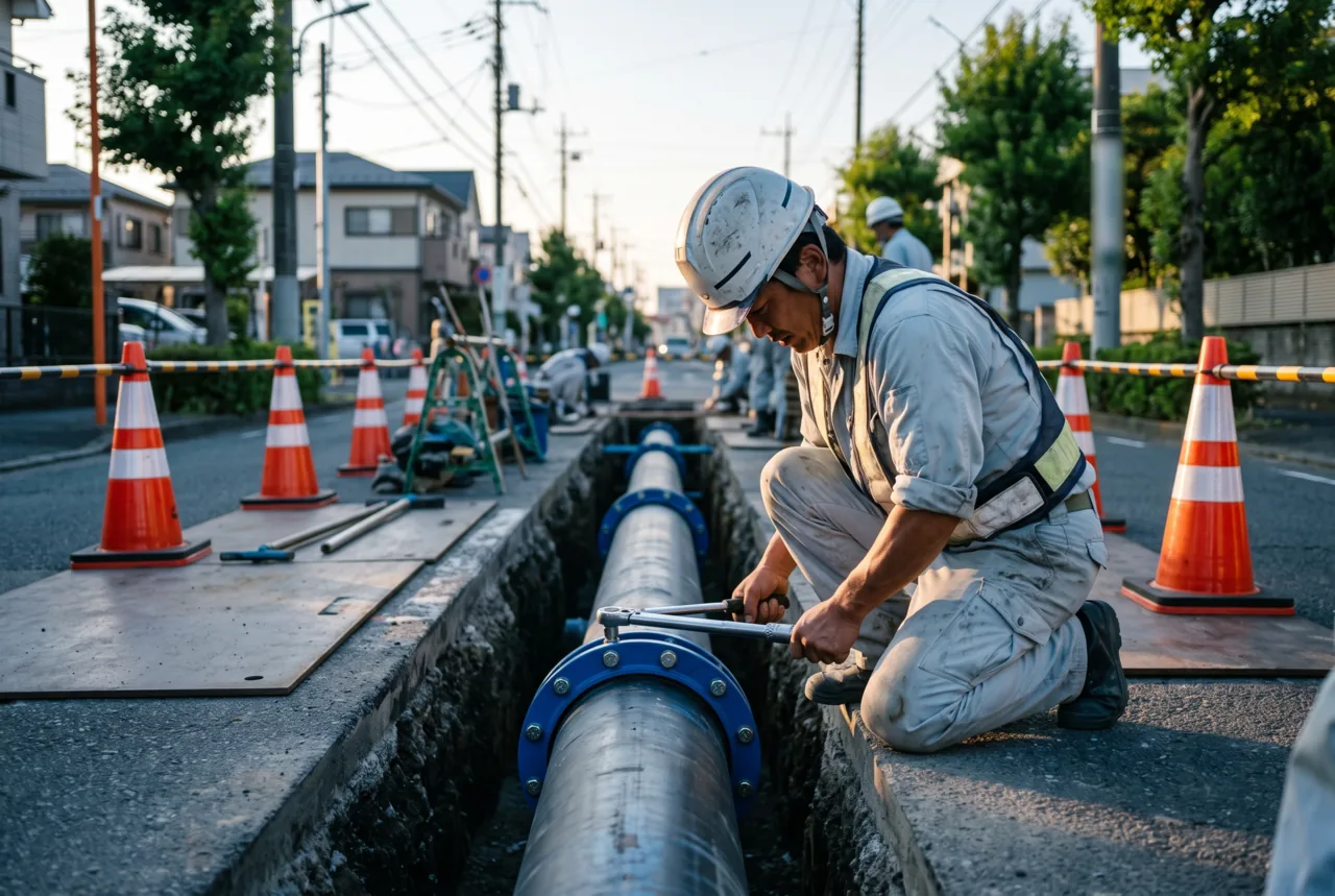 水道施設工事の現場（配水管フランジ継手の締付け）