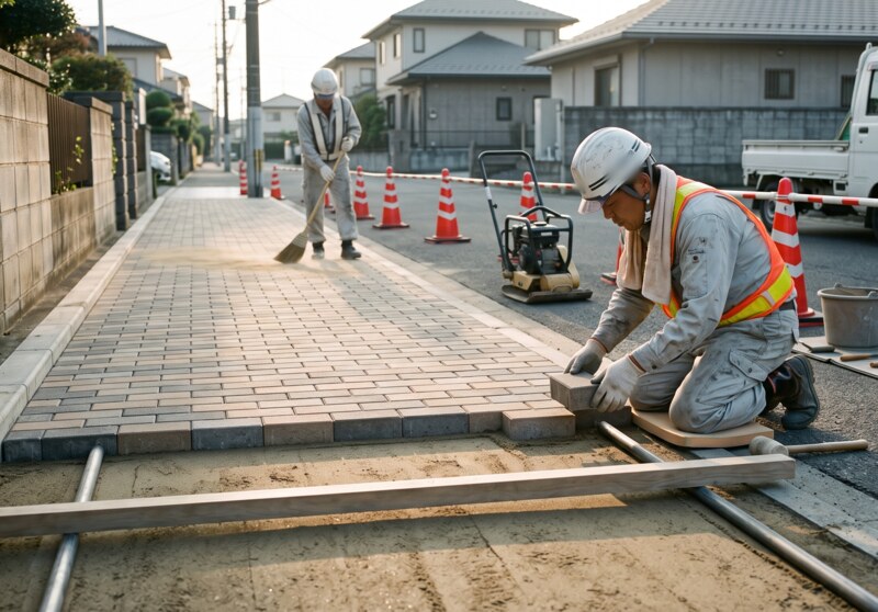 ブロック舗装工事の現場（歩道のインターロッキング敷設と目地砂の充填）