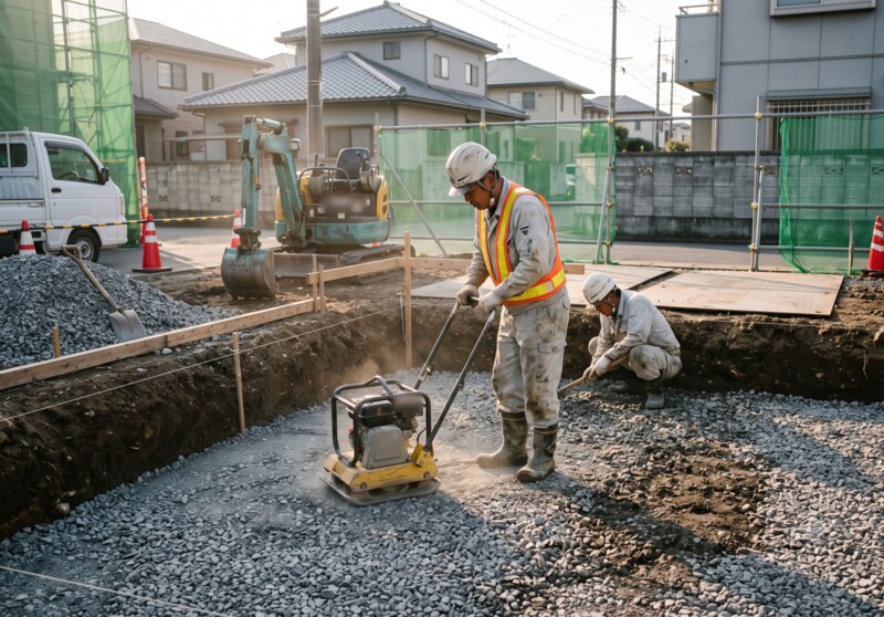 地業工事の現場（砕石地業のプレート転圧）
