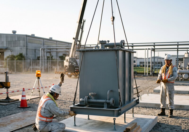 重量物据付の現場（クレーンによる機械ユニットの基礎据付）