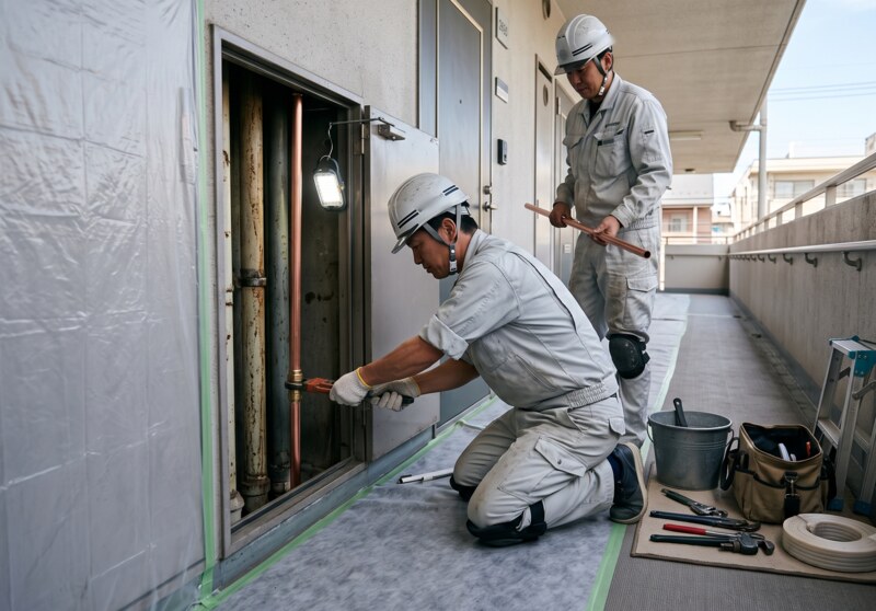 マンションの水道管工事の現場（共用部パイプスペースの立管更新）
