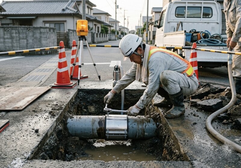 修繕工事の現場（配水管の漏水補修バンド取付）