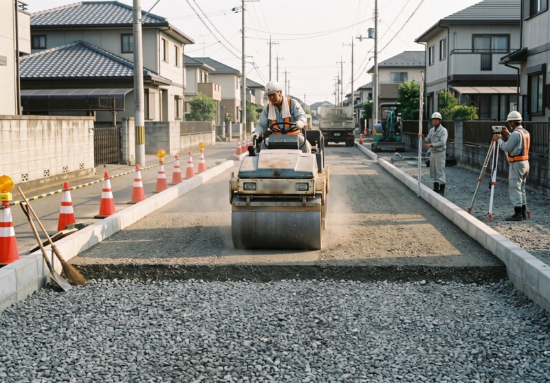 路盤築造工事の現場（上層路盤の振動ローラー転圧とレベル確認）